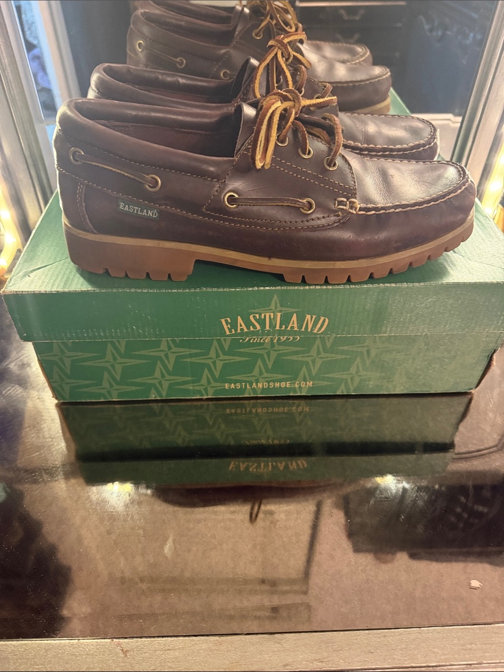 Eastland Men’s Dark Brown Leather Boat Shoes with Tan Laces
